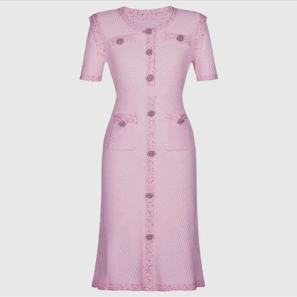 Women Luxury Dress Pink Knitted Beaded Short-Sleeved Size M Stretch Round Neck
